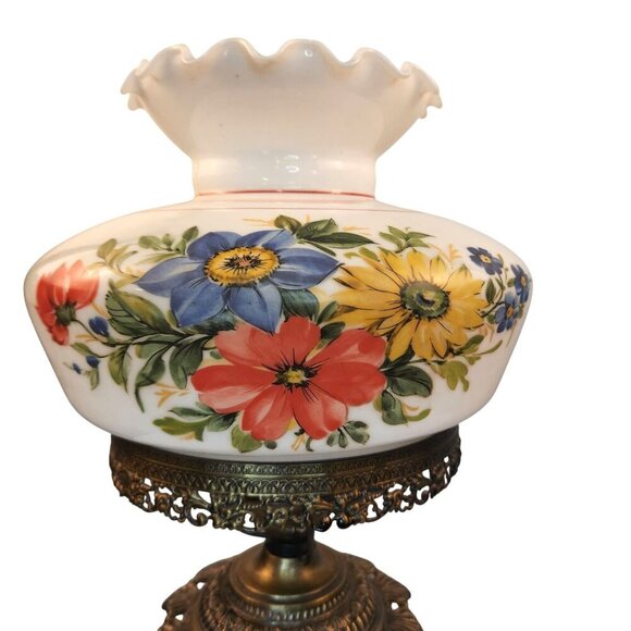 Vintage 3 way Table Lamp Floral Hand-Painted Glass Shade & Metal Base Electric D - Picture 7 of 16
